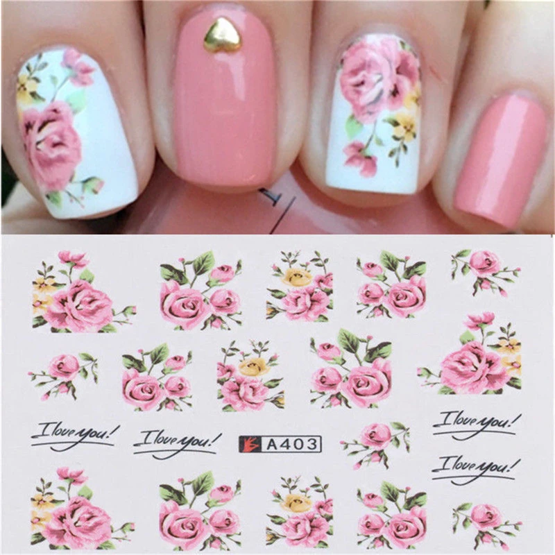 2 листа Nail Art воды Наклейка переводные наклейки розовая роза цветок накладные