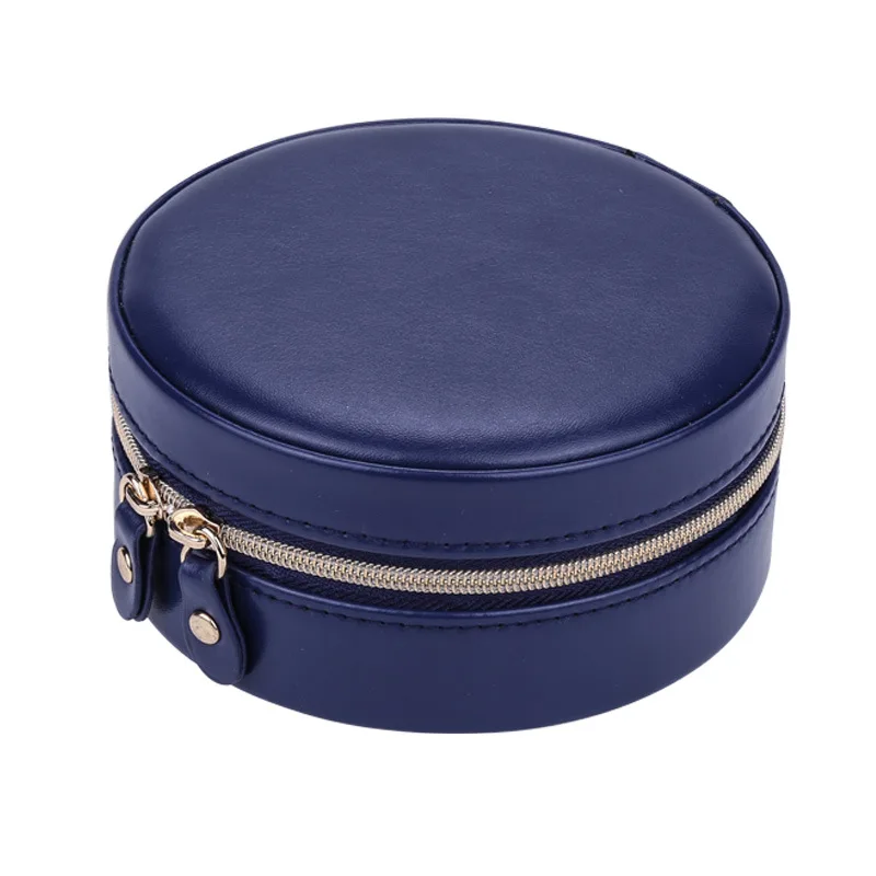 Blue Portable Round Jewelry Box Travel Zipper PU Leather Jewellery Packaging Display Organizer Gift Box Earring Storage Carrying Case - Цвет: Blue