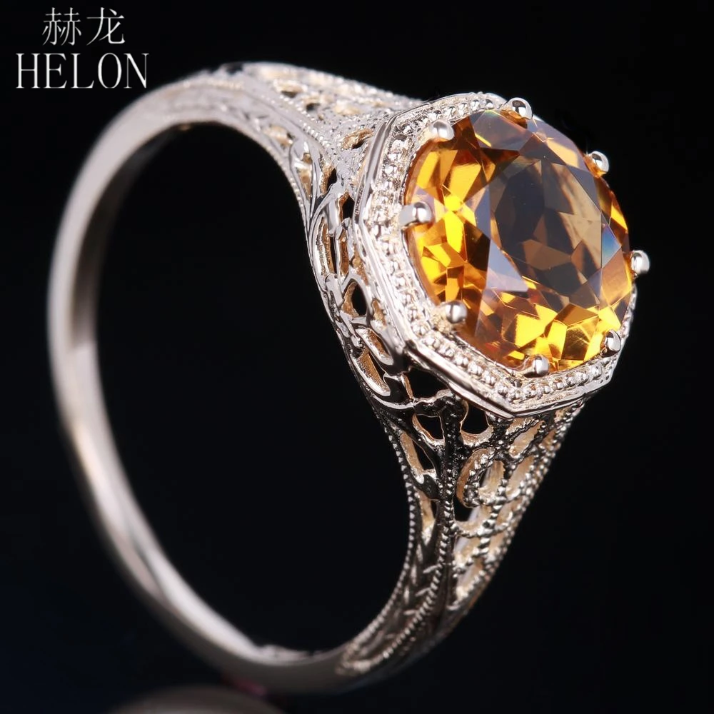 

HELON 7.5mm Round 100% Genuine Citrine Silver 925 Engagement Wedding Filigree Women Jewery Vintage Antique 1930s Solitaire Ring