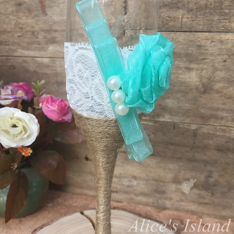 2 sets 4pcs Wedding Glasses Champagne Toasting Flutes Customized Burlap Lace Rustic Favor Gift | Дом и сад