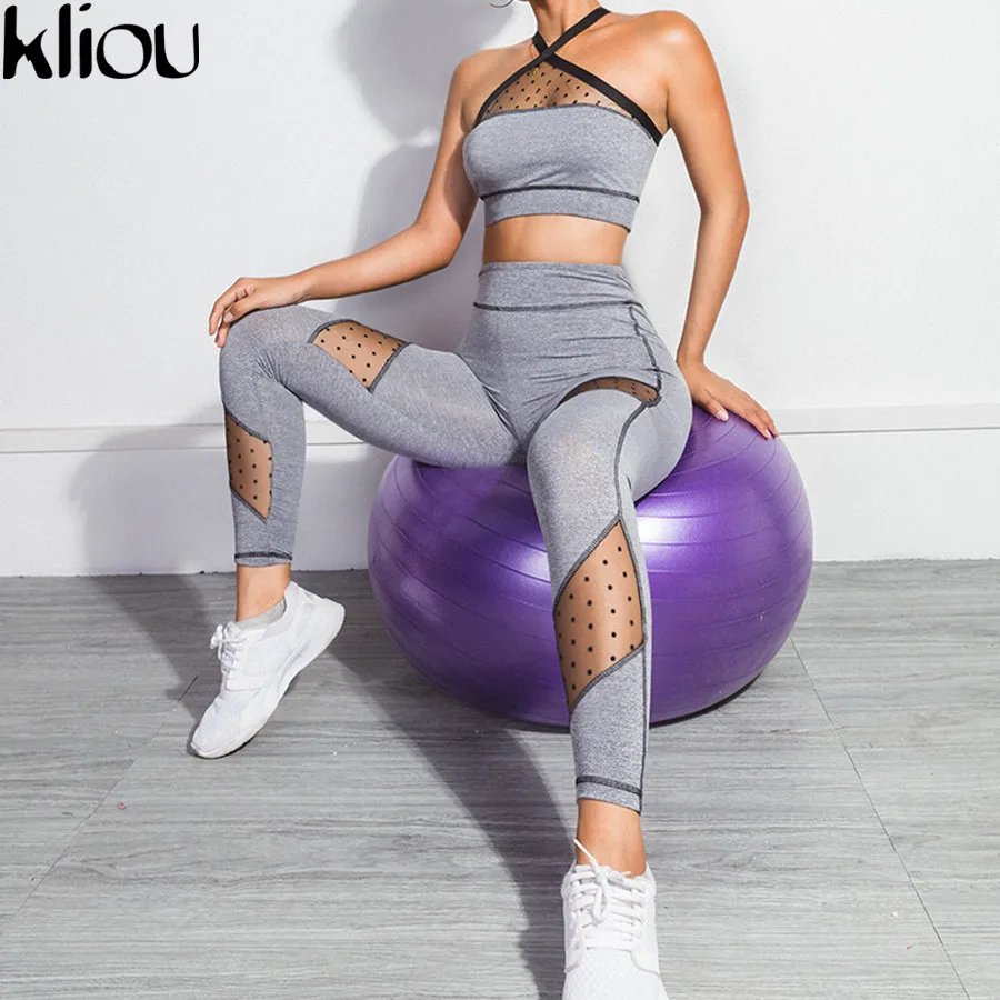 Kliou, новинка, женский спортивный костюм для фитнеса, крест-накрест, одежда для активного отдыха, Топ в горошек, пэчворк, два предмета, комплекты, пуш-ап, леггинсы