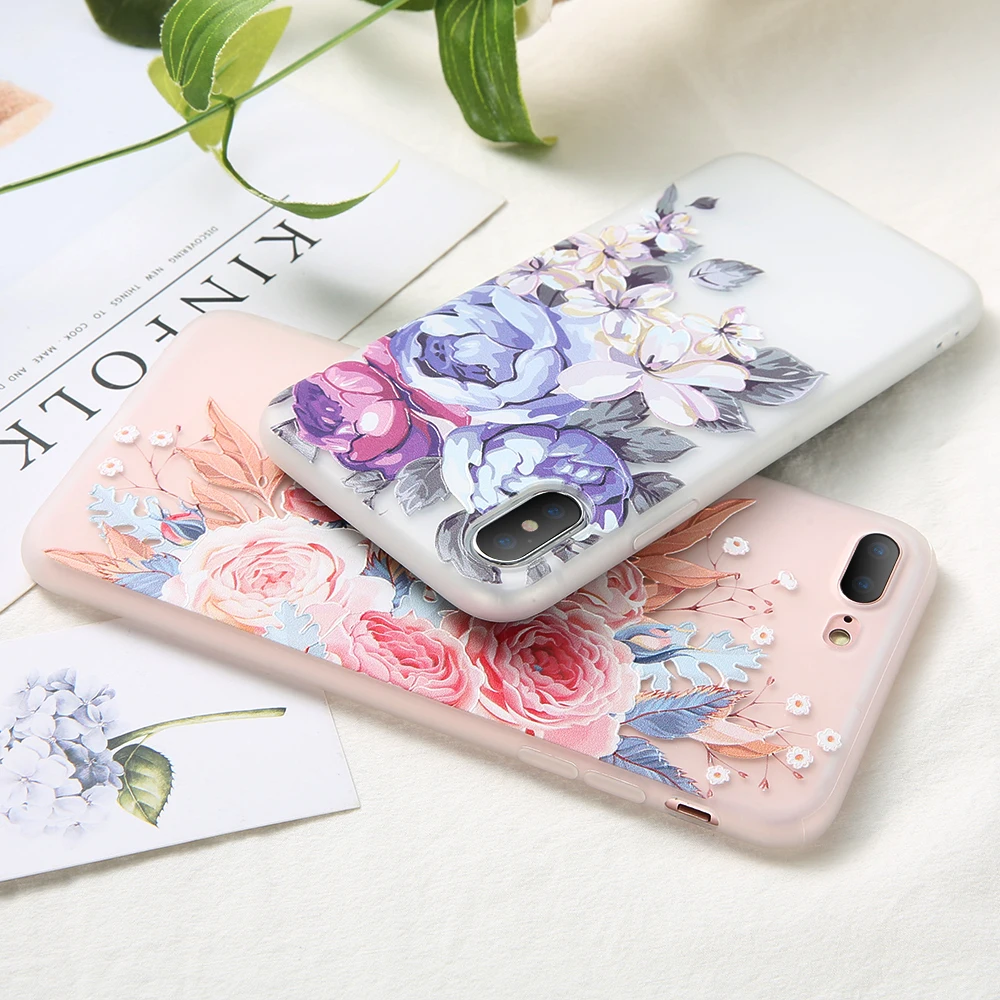 KISSCASE Мягкий силиконовый чехол для iPhone 7 8 X XS XR 3D рельефный с цветами Apple Plus
