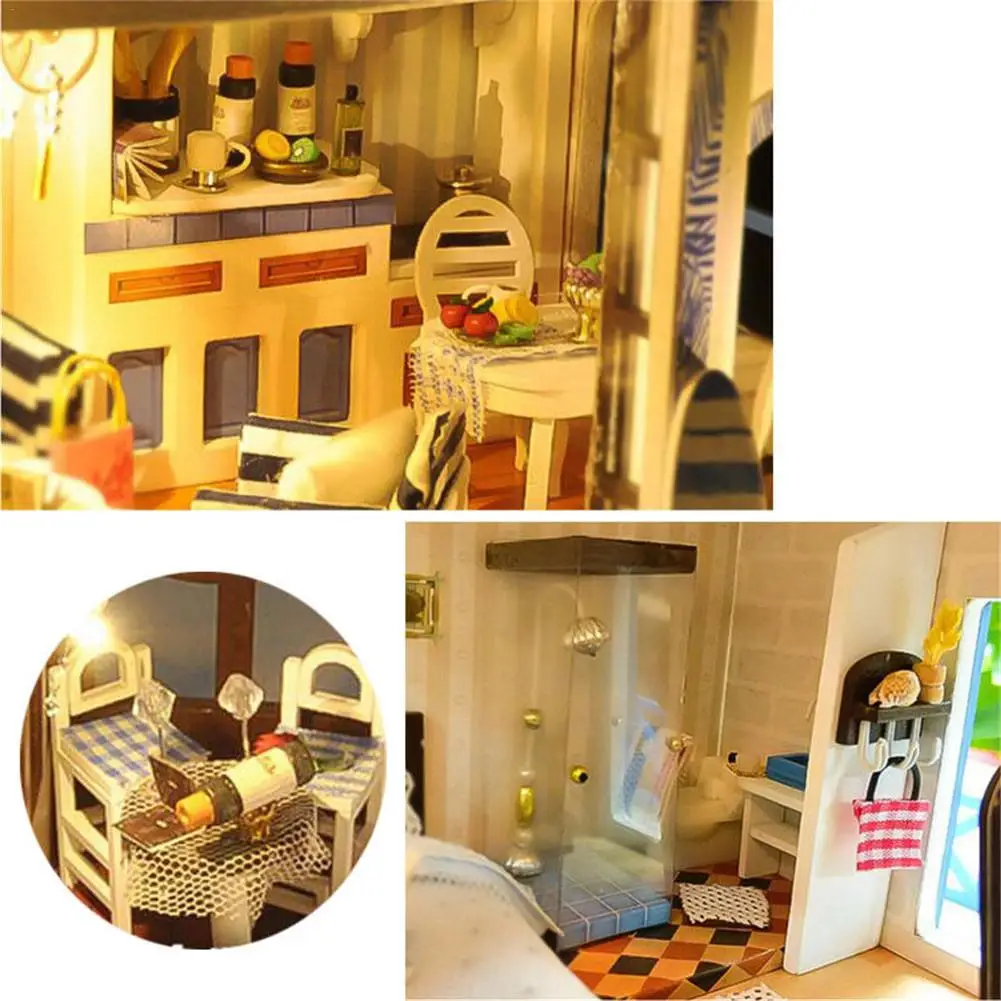 

DIY Small House Love Sea Villa Miniature Wooden Doll House with Music Movement without Dust Cover