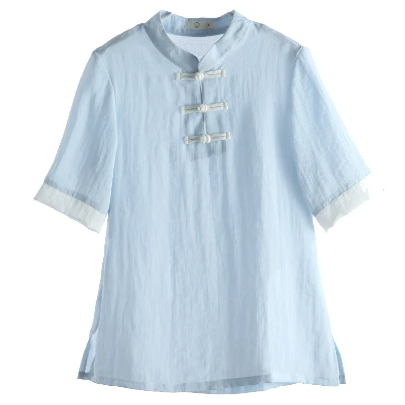 Летняя Новинка хлопковая льняная рубашка чонсам китайский Ретро стиль на