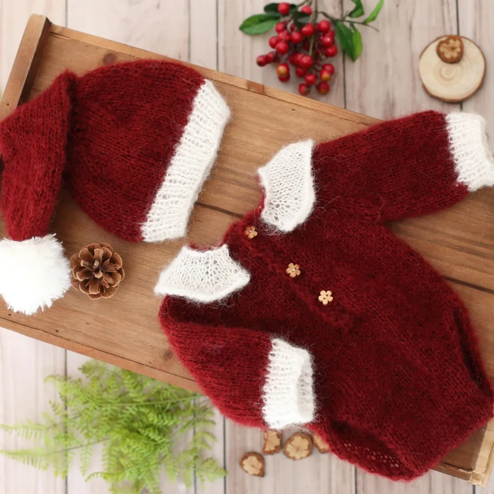 Новорожденные Рождество наряд Санта-Клаус темно-красные и белые детские ползунки с капюшоном со шляпкой комплект; Наряд для фотосессии от AliExpress RU&CIS NEW