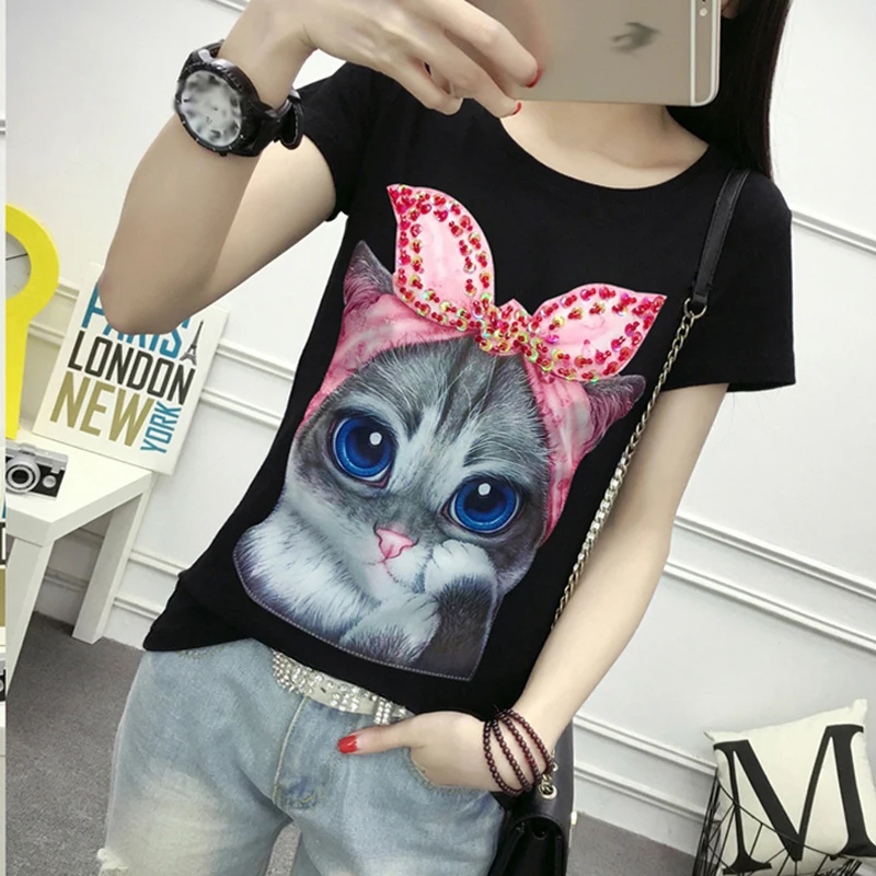 2019 новая милая Летняя женская футболка с рисунком кота из мультфильма Харадзюку