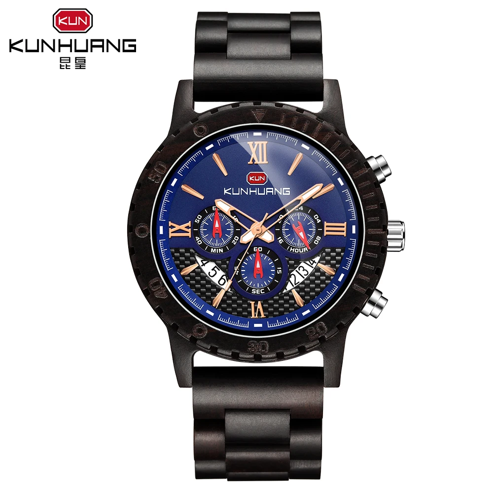 blackwood watch KH1014 kunhuang новые деревянные часы для мужчин, модный костюм из трех "кошачий глаз", шесть-контактный многофункциональные кварцевые часы мужские офисные часы - Цвет: blackwood watch