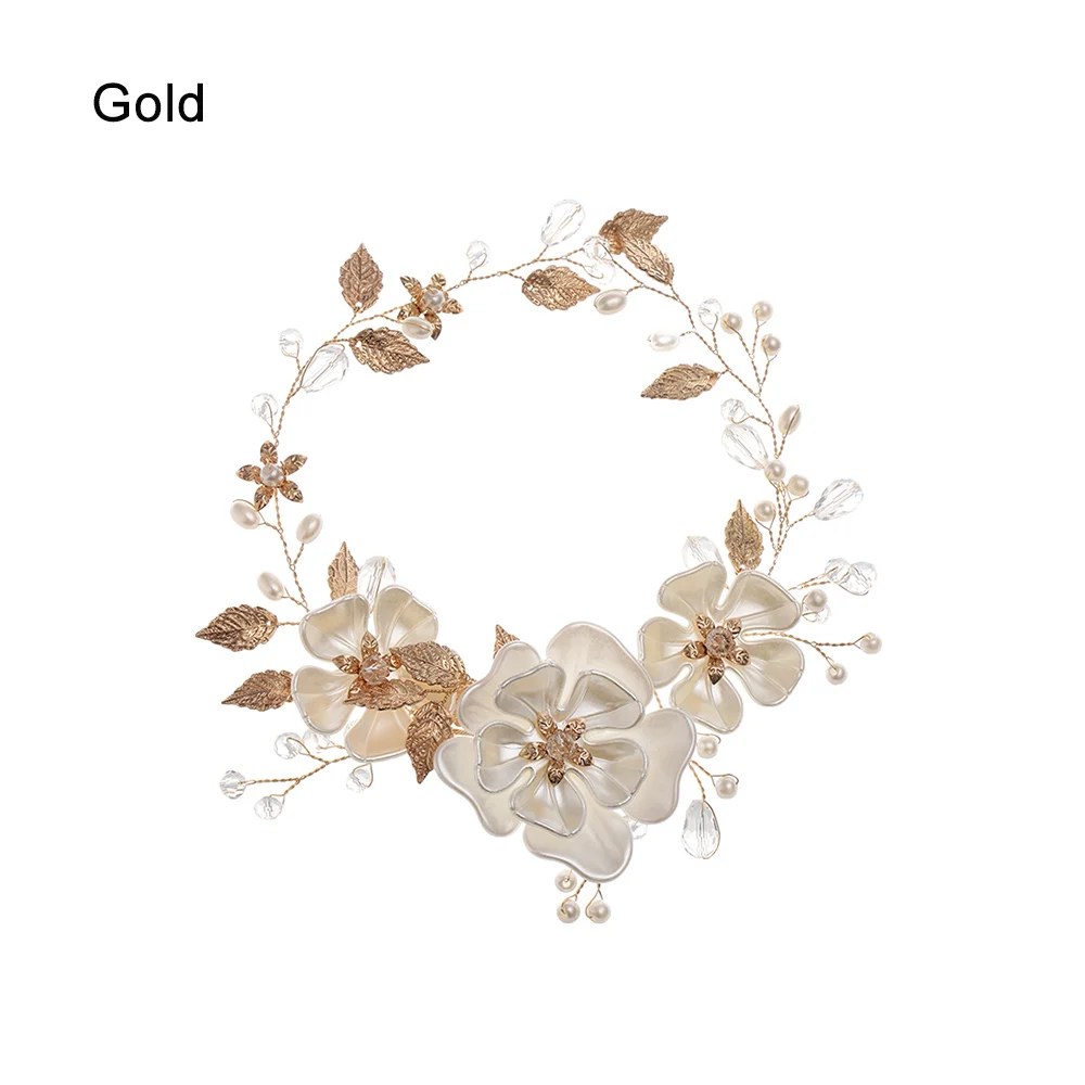 gold 1 шт., ручная работа, жемчужная тиара, белый жемчуг, лист, цветок, свадебная повязка на голову для женщин, свадебные ювелирные аксессуары, веревка для волос - Окраска металла: gold