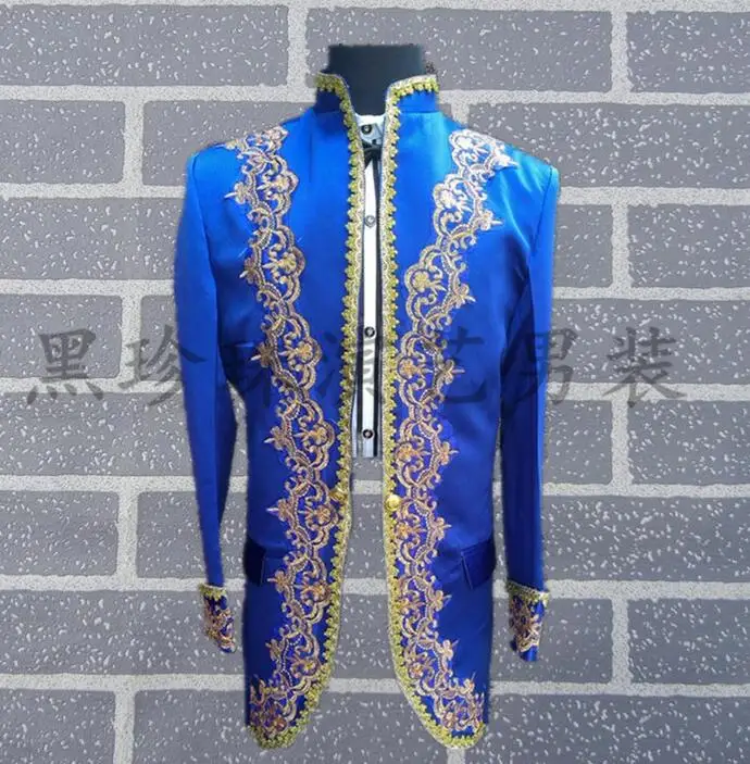 Royal Men Suits Designs Masculino Homme Terno Stage Costumes For Singers Men Blazer Dance Clothes Jacket Blue Stand Collar