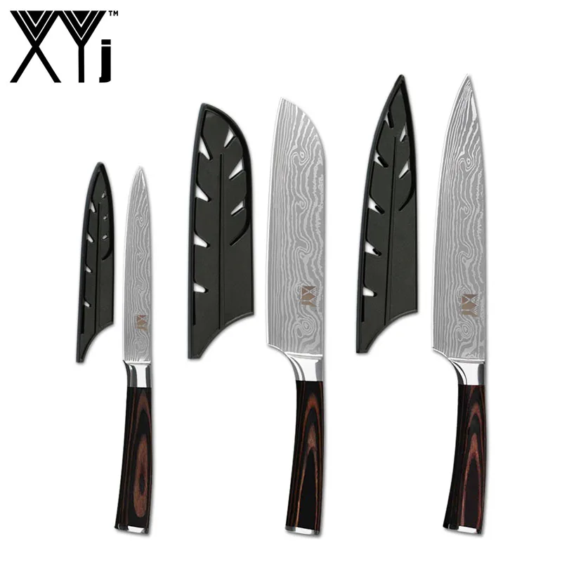F.3Pcs Set and cover XYj нож из нержавеющей стали Дамасские вены лезвие цветная деревянная ручка кухонные заточки инструменты бар 8 дюймов Ножи подставка держатель - Цвет: F.3Pcs Set and cover