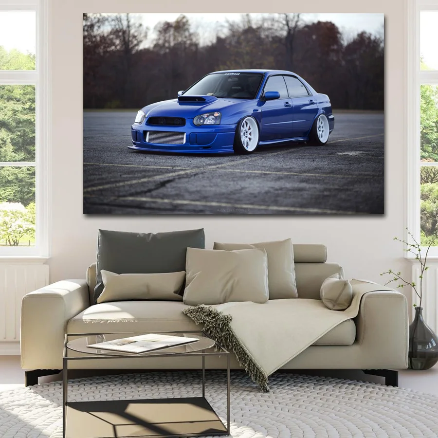 Плакаты и принты Subaru Impreza WRX STI синяя Тюнинг автомобиля белая Автомобильная