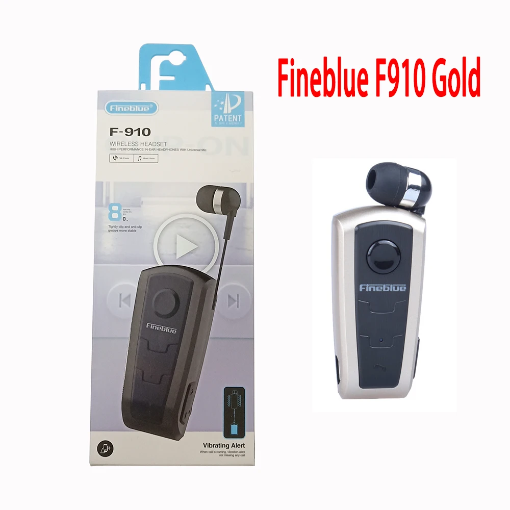 Gold with box Fineblue F910 Беспроводная Bluetooth V4.0 гарнитура в ухо вибрирующее оповещение носить клип Hands Free наушники для смартфонов - Цвет: Gold with box