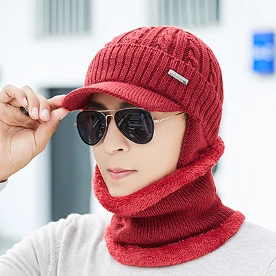 wine red Зимняя шапка, шарф, Skullies Beanies для мужчин, вязаная шапка, женская маска, толстая Балаклава, ушанка, шерстяной берет, мужская шапка, шапка - Цвет: wine red