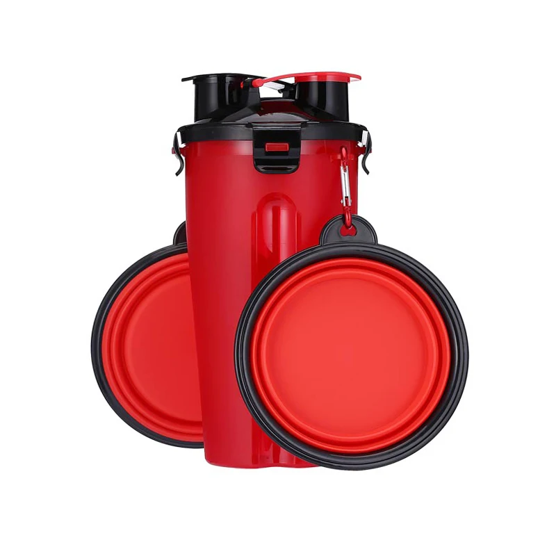 Red with 2 Bowls Переносная миска для путешествий для домашних животных, миска для собак, кошек, контейнер для воды, кормушка, миска для домашних животных со складными чашами, фляга для путешествующих чихуахуа - Цвет: Red with 2 Bowls