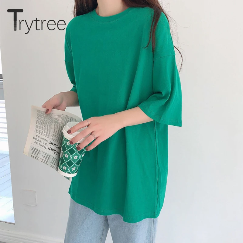 Trytree Летняя Повседневная Женская Однотонная футболка 10 цветов женский топ из
