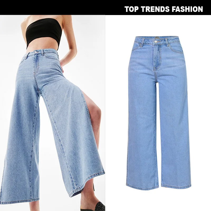Europe America Fashion Women High waist double slit Jeans plus size Light Blue Wide Leg trousers Loose Pants | Женская одежда