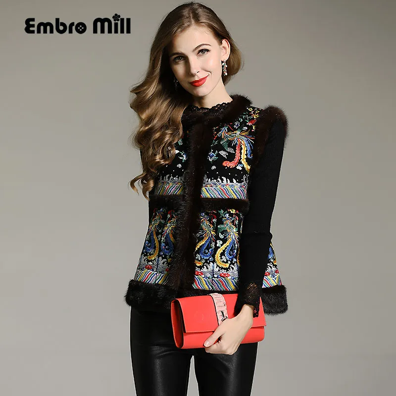 

Chinese style royal embroidery coat women autumn & winter vintage lady floral black Mink hair vest coat Parkas female M-XXL