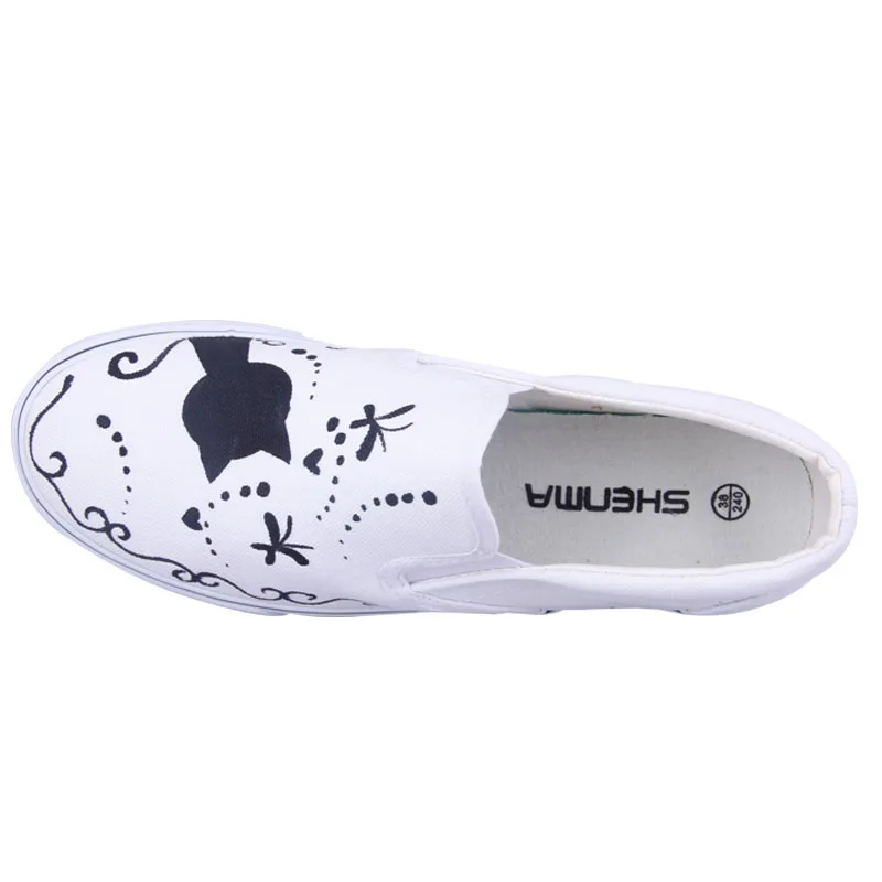 Удобная женская обувь сезон осень парусиновая с ручной росписью черного кота