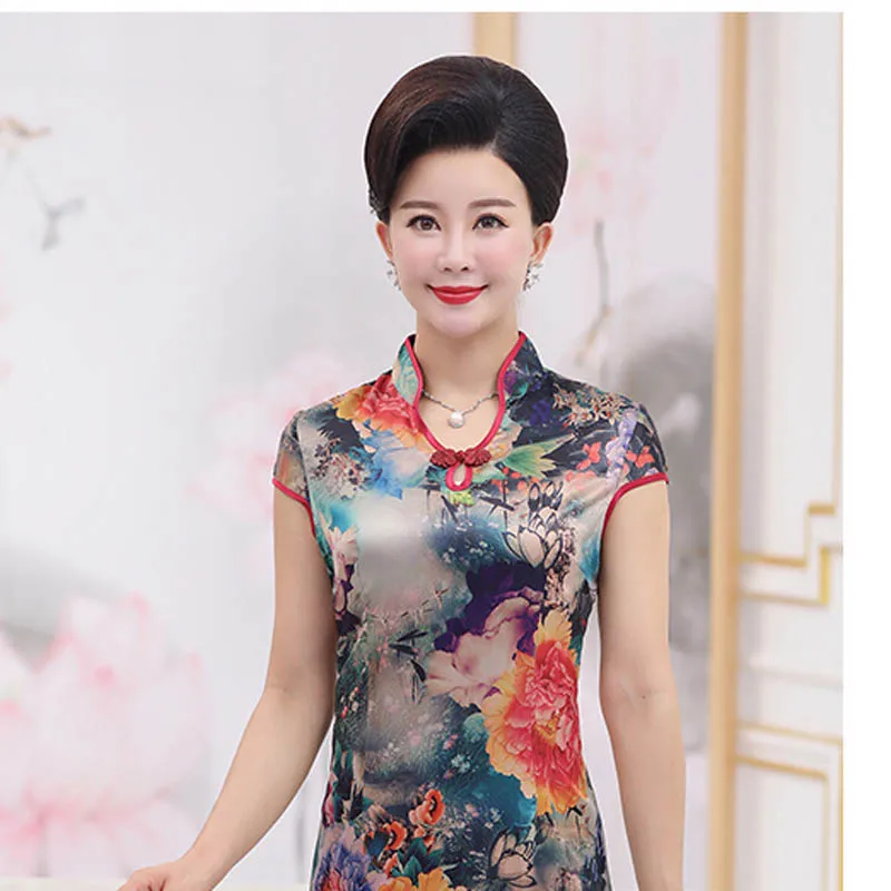 Большие размеры для женщин среднего возраста летнее платье шелк cheongsam старший с
