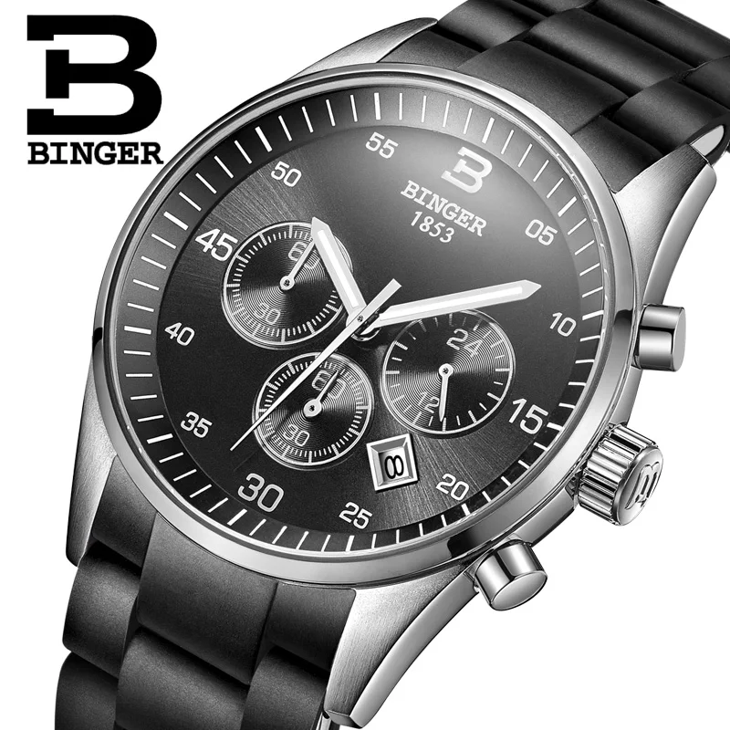 

Switzerland watches men luxury brand BINGER Quartz Multi Display Sport silicone Wristwatches Water Resistant B1101
