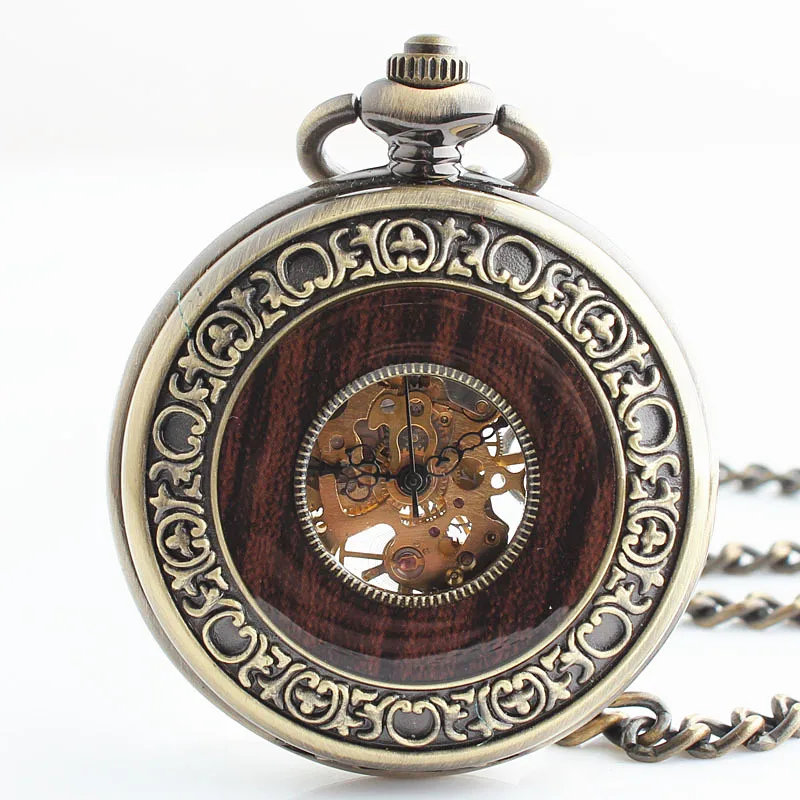 Часы наручные механические в античном стиле деревянные с подвеской цепочкой и