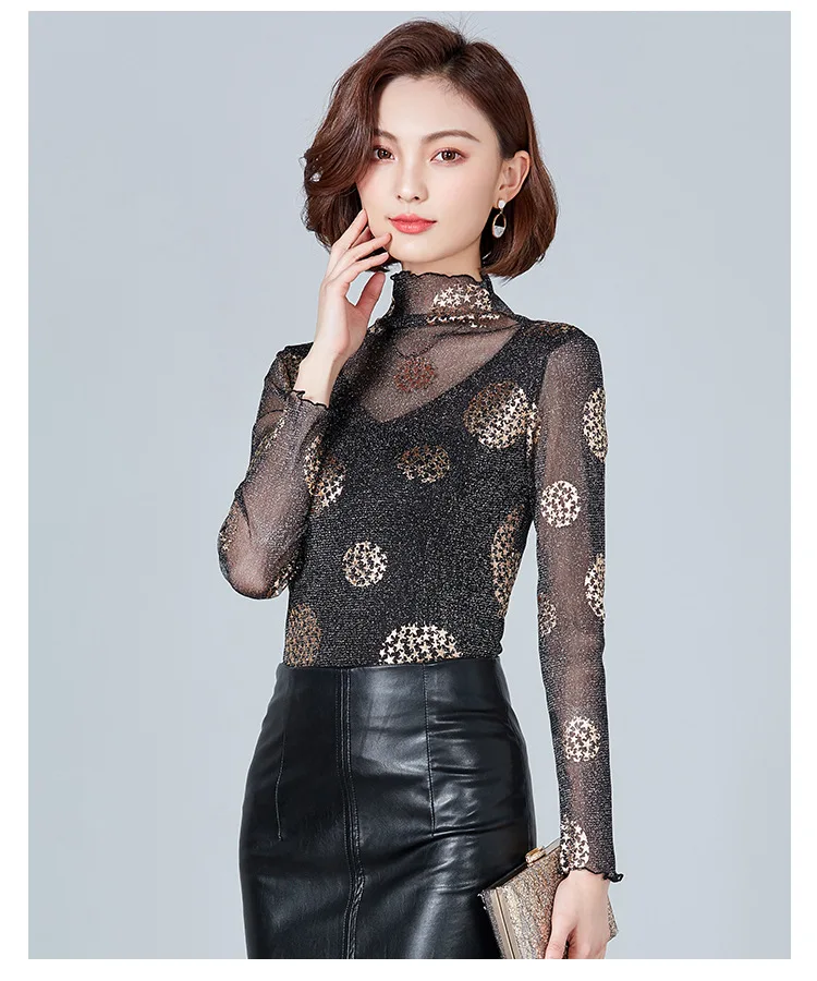 Moda Jihan, женские рубашки, блестящая сетка, кружева, звезды, длинные рукава, Топы И Футболки с внутренней одеждой, тянущаяся рубашка, оборки, обрезка, Топ