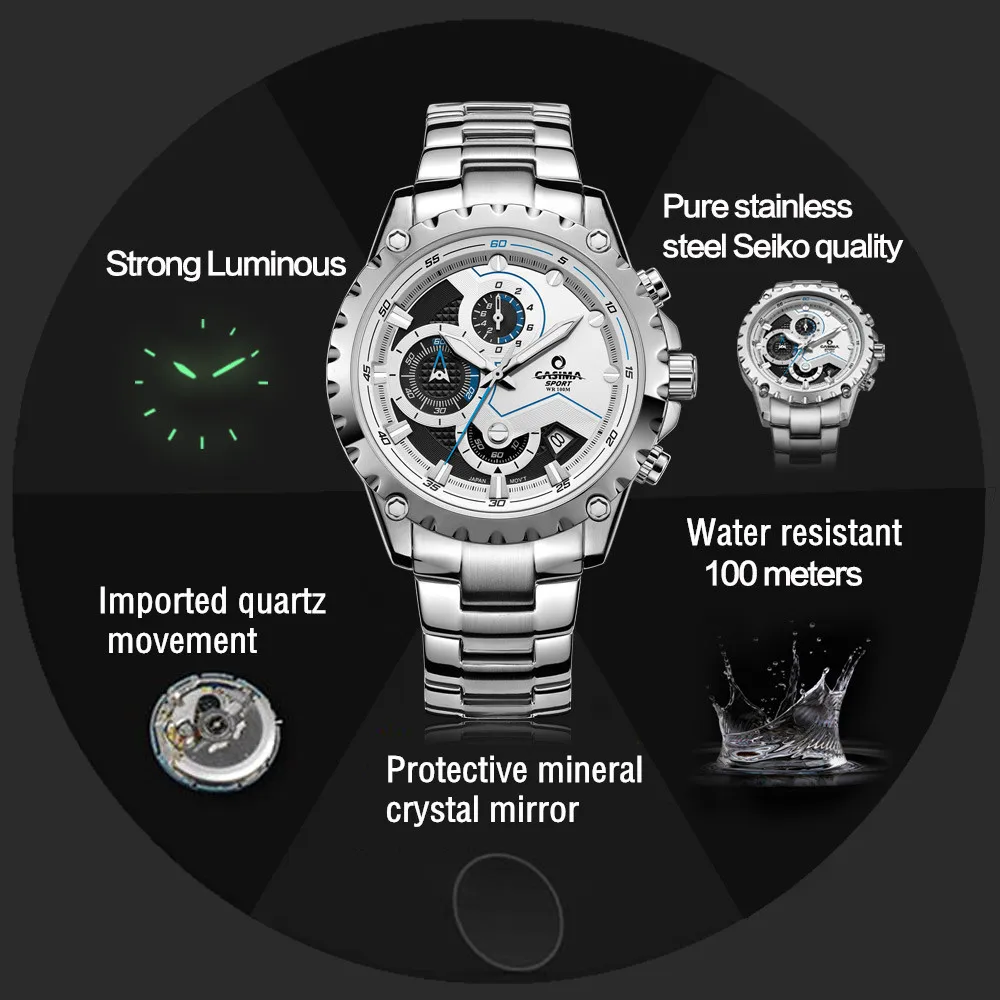 Reloj Hombre CASIMA часы мужские роскошные брендовые из нержавеющей стали многофункциональные спортивные мужские кварцевые часы мужские часы Montre Homme
