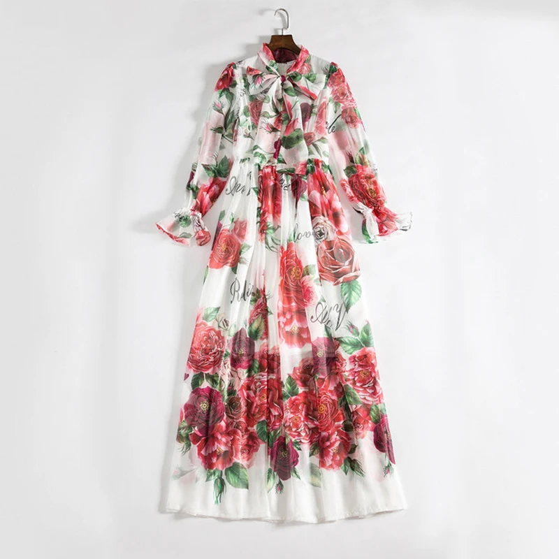 2019 Spring Bohemian Long ladies Dresses White Floral Print Bow Collar Casual Runway Design Maxi Dress For Women Boho clothes | Женская