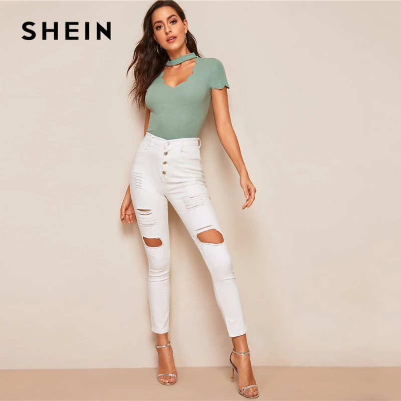 SHEIN элегантная Однотонная футболка с вырезом и v-образным вырезом, короткий рукав, летняя женская Повседневная футболка