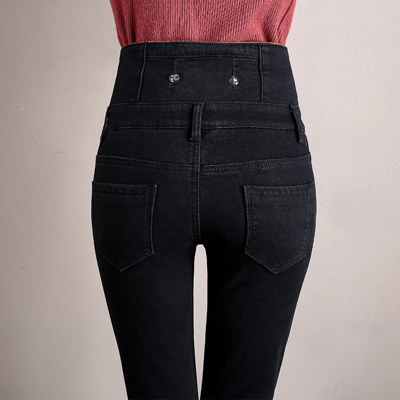 Зима, женские джинсы размера плюс, пуш-ап, с высокой талией, с пуговицами, джинсовые штаны, женские черные теплые джинсы для мам, обтягивающие джинсы для женщин