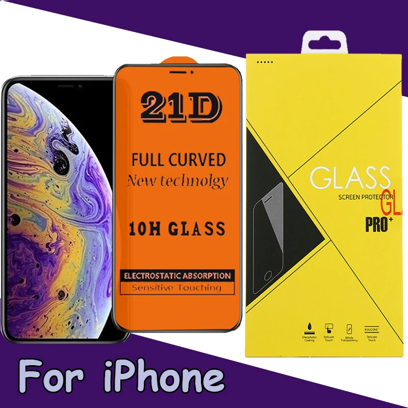 1000 шт 21D полное покрытие клея Закаленное стекло протектор экрана для iPhone 11 Pro Max XS XR X 8 7 6 6S Plus Защитная пленка с коробкой