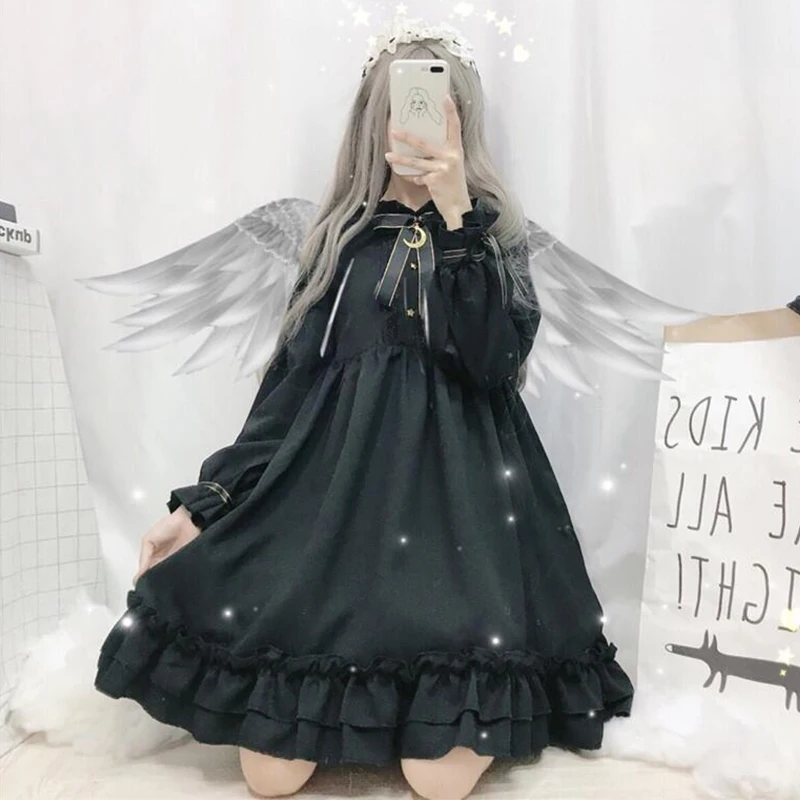 2 Летнее черное платье в стиле Лолиты для женщин; Kawaii; милый костюм для косплея с бантом и высокой талией; длинное платье с оборками с коротким рукавом - Цвет: 2