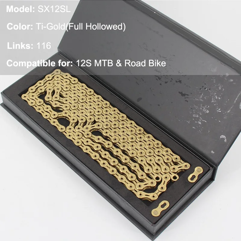 12S SX12SL Gold Красочные полые MTB шоссейные велосипедные цепи 116 звенья, велосипедные цепи из нержавеющей стали 6 7 8 9 10 11 12 Скоростей, цепь для горного велосипеда - Цвет: 12S SX12SL Gold