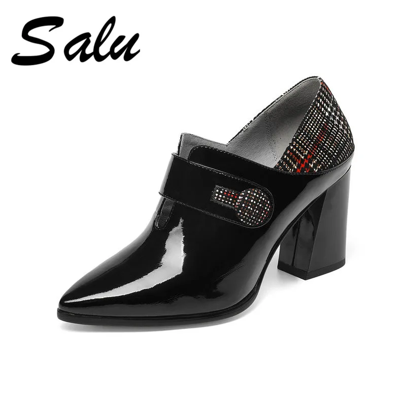 

Salu 2020 Genuine leather Women Pumps Solid Fashion Women Shoes Pointed Toe Square High Heel Casual Women Pumps big Szie 33-43