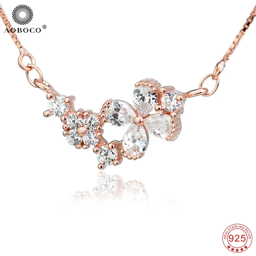 

AOBOCO высококачественное ожерелье из 100% стерлингового серебра 925 пробы, Классические Подвески в виде цветка с кристаллами, женские ожерелья, ...