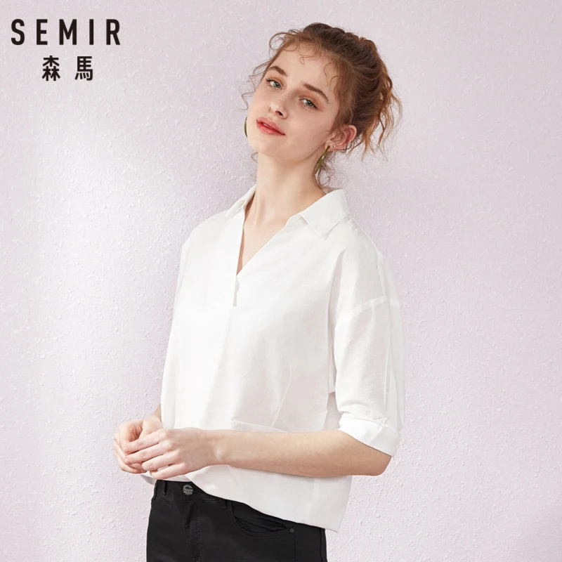 Женская рубашка с коротким рукавом SEMIR белая однотонная отложным воротником и v