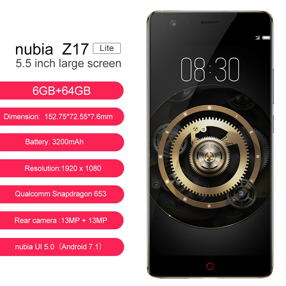 Мобильный телефон Global Version ZTE Nubia Z17 Lite 6GB 64GB Android 7.1 5.5 дюймов 4G LTE 13.0MP двойная задняя камера Octa Core.