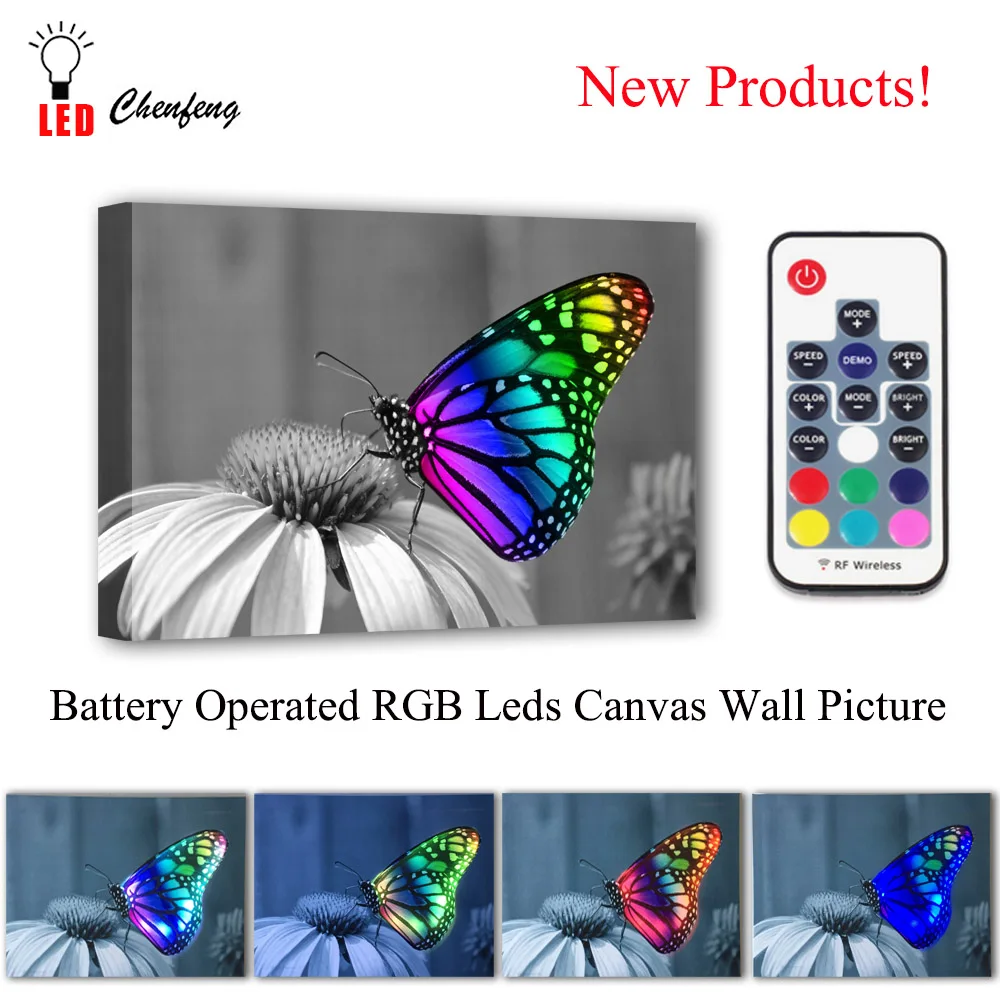 Батарея открыть RGB светодиоды Холст Настенная картина красочная бабочка