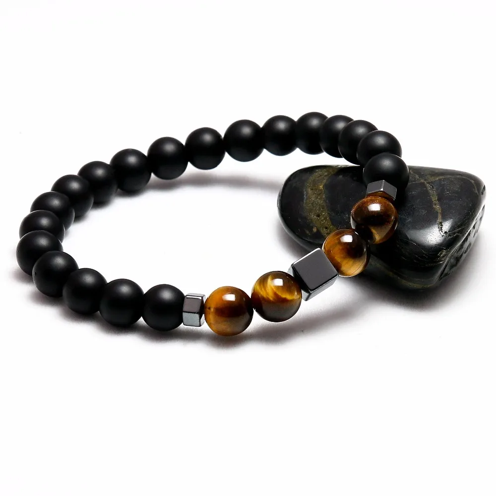 

Trendy Black Matte Onyx Natural Stone With Tiger Eye Beads Strand Bracelets For Men Sqaure Helmatite Femme Homme Jewelry