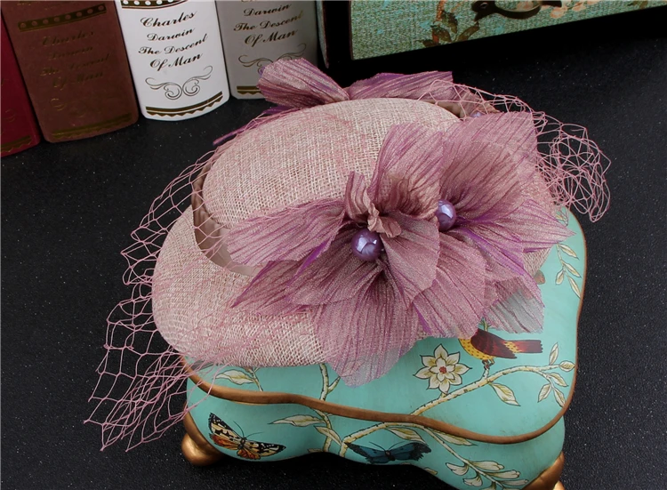 

Vintage Grey Pink Birdcage Net Wedding Hats Bridal Fascinator Face Veils Feather Flower with Hairpin