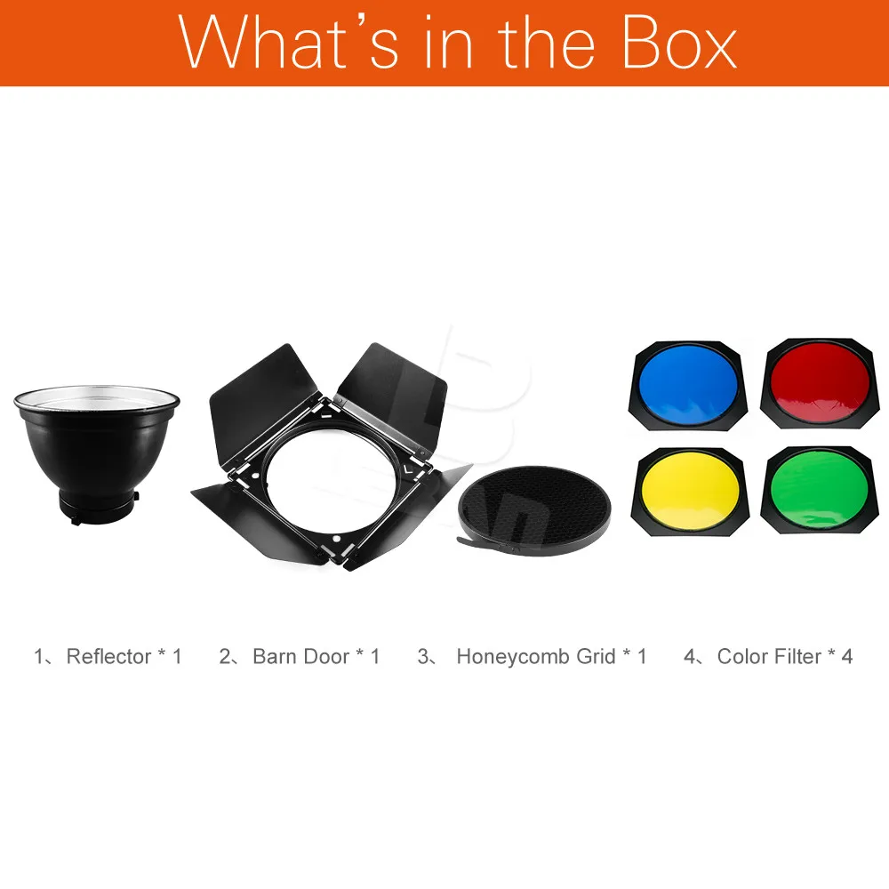 Godox BD-04 Barn Door + Honeycomb Grid + 4 Color Filter for Standard Reflector + Bowens Mount Reflector for Studio Flash