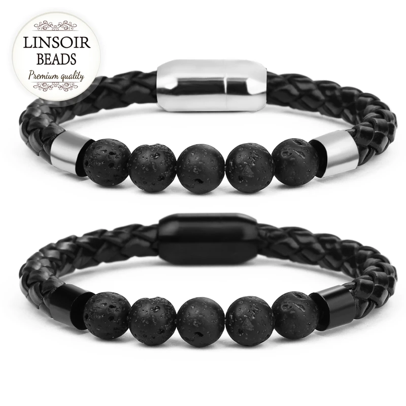 

1pc/lot Fashion Men Black Lava Stone Beaded Bracelet 8mm High Quality Magnetic Stainless Steel Clasps Handmade Leather Bracelet