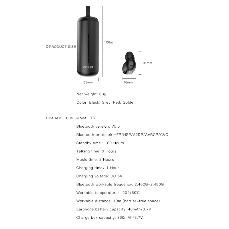 Наушники-вкладыши AWEI T5 наушники-вкладыши TWS с 5,0 Bluetooth наушники Беспроводной наушники 3D стерео гарнитура с микрофоном, наушники с зарядный чехол для iPhone samsung