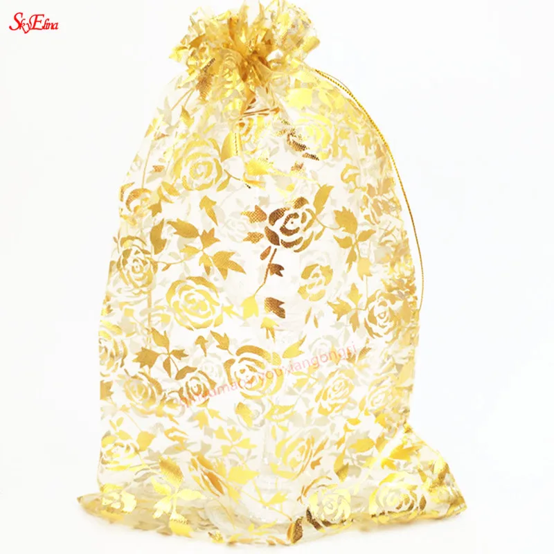 50 шт. 7x9 9x12 11x16 13x18 15x20 20x30 см сумки из органзы с золотыми розами упаковка для