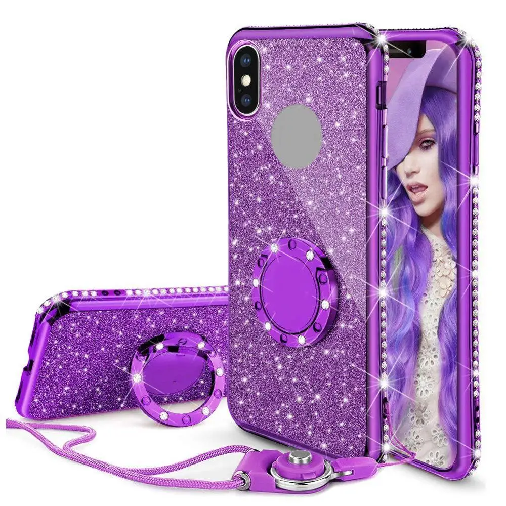 Diamond Case for iPhone XS Max XR X Cover Crystal Glitter Bling For 6 6s 7 8 Plus Ring Kickstand Bumper |