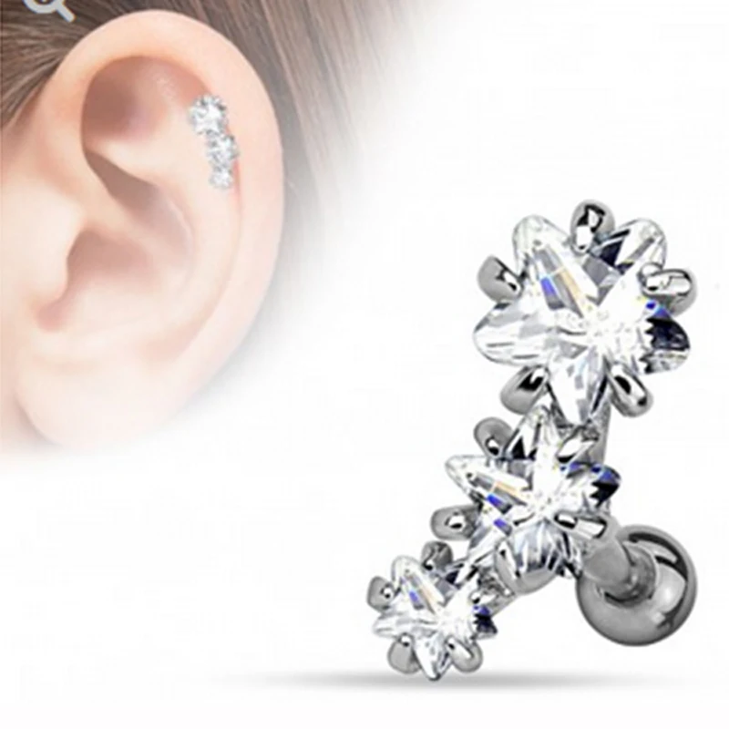 Showlove 2Pcs TRIPLE Clear Gem STARS хрящевая спинка козелка шпильки серьги ювелирные кольца для
