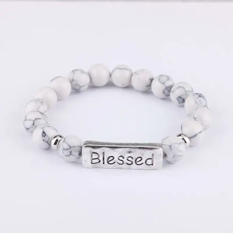 White Blessed Новинка, браслеты из натурального камня с бусинами, чакра, женские браслеты с гравировкой, надеются, браслеты с монограммой, персонализированные ювелирные изделия - Окраска металла: White Blessed