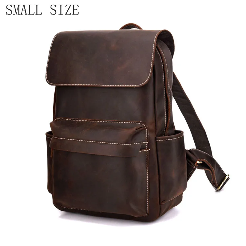 dark brown(small) Винтажный Мужской рюкзак Crazy horse из натуральной кожи, рюкзак, 16 дюймов, сумки для ноутбука, большая Вместительная дорожная сумка, мужской школьный рюкзак - Цвет: dark brown(small)