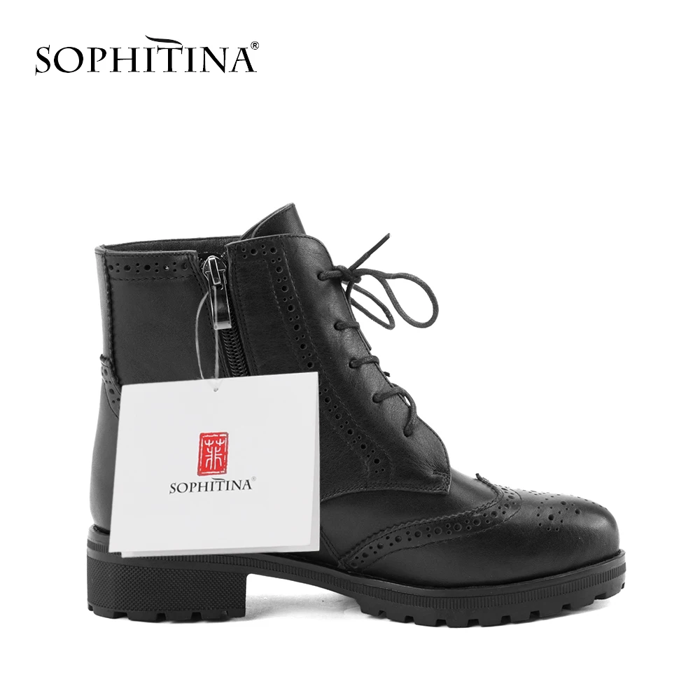 SOPHITINA/Уникальные ботильоны из натуральной кожи; Женские однотонные пикантные ботинки в байкерском стиле; Новинка года; модная брендовая обувь на шнуровке на толстом каблуке; M57