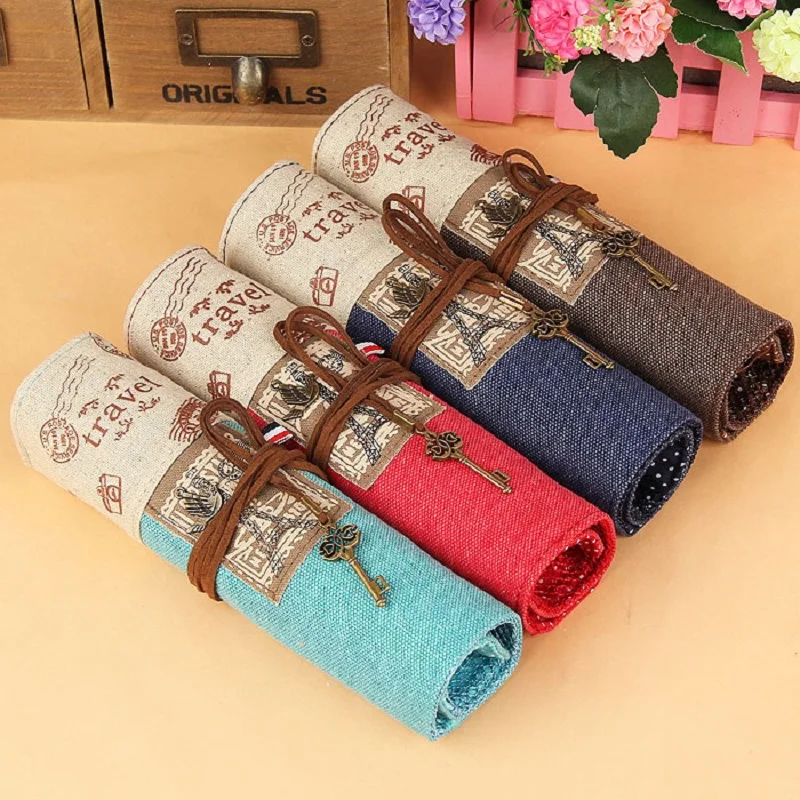 

Retro Pencil Bag Roll PU Leather Pencil Case Pen Bags Make Up Holder Fashion Korea Stationery Pen Pocket Fabric Pouch Gift
